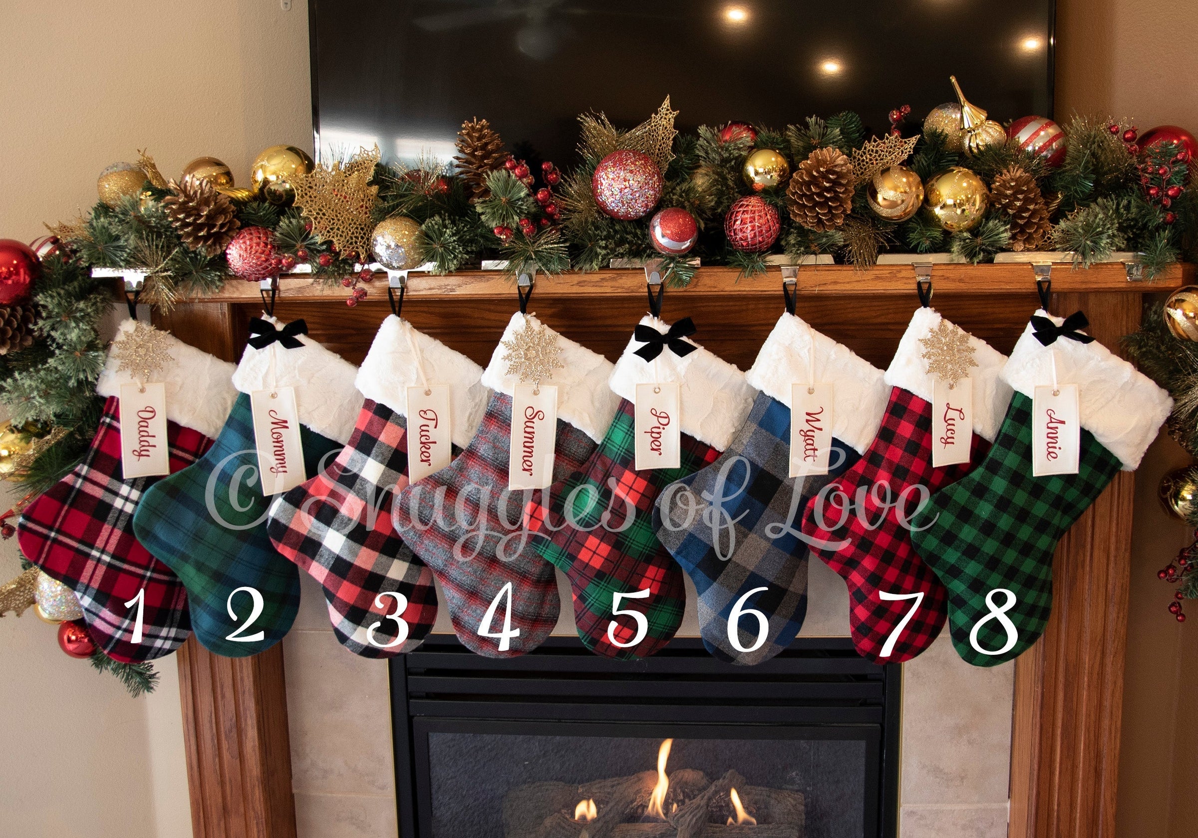 Personalized Red and Green Plaid Christmas Stocking with Fur Cuff