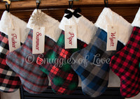 Personalized Red and Grey Plaid Christmas Stocking with Fur Cuff