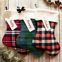Personalized Red and Black Plaid Christmas Stocking with Fur Cuff