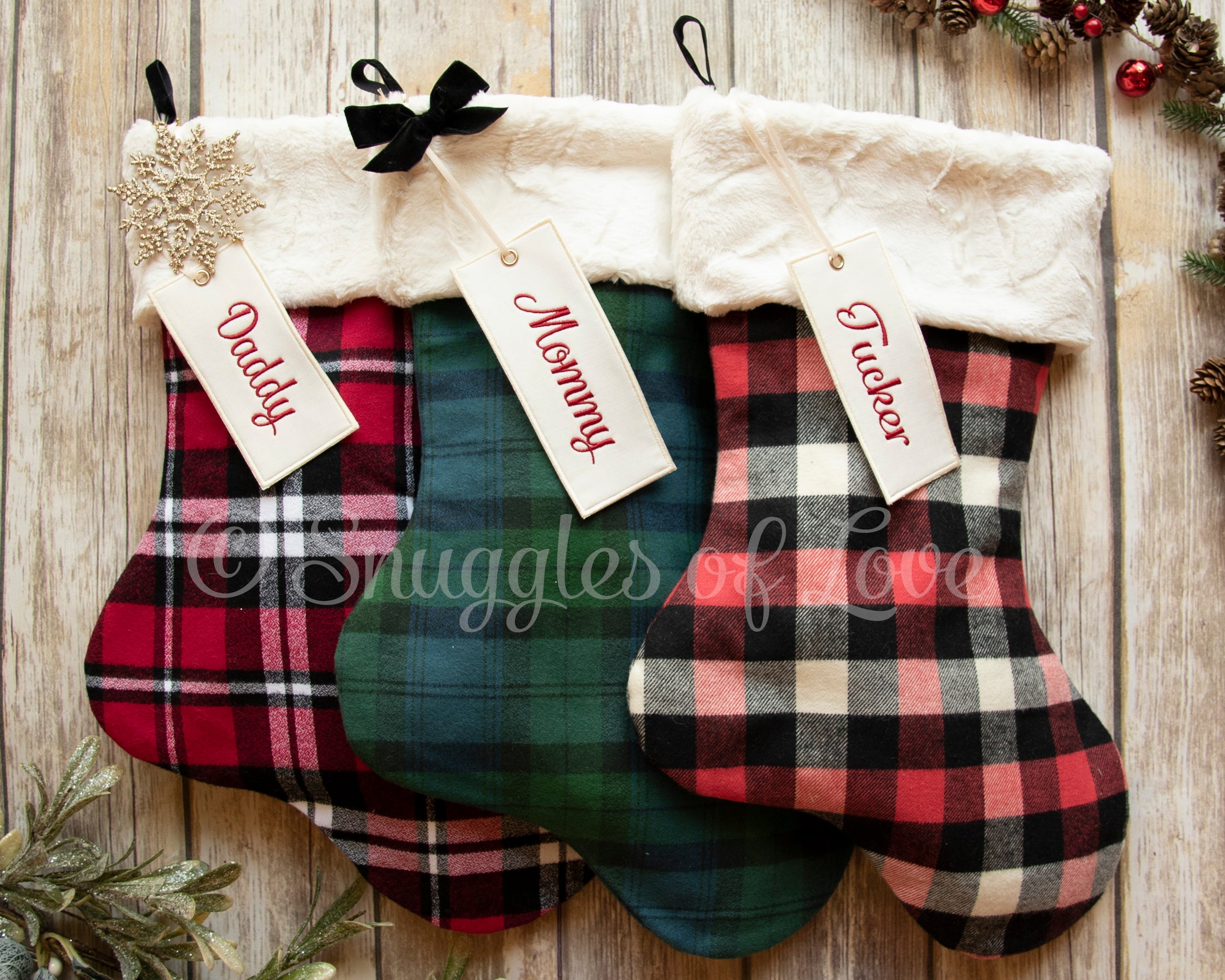 Personalized Red, Black, and Ivory Plaid Christmas Stocking with Fur Cuff