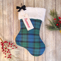 Personalized Blue and Green Plaid Christmas Stocking with Fur Cuff