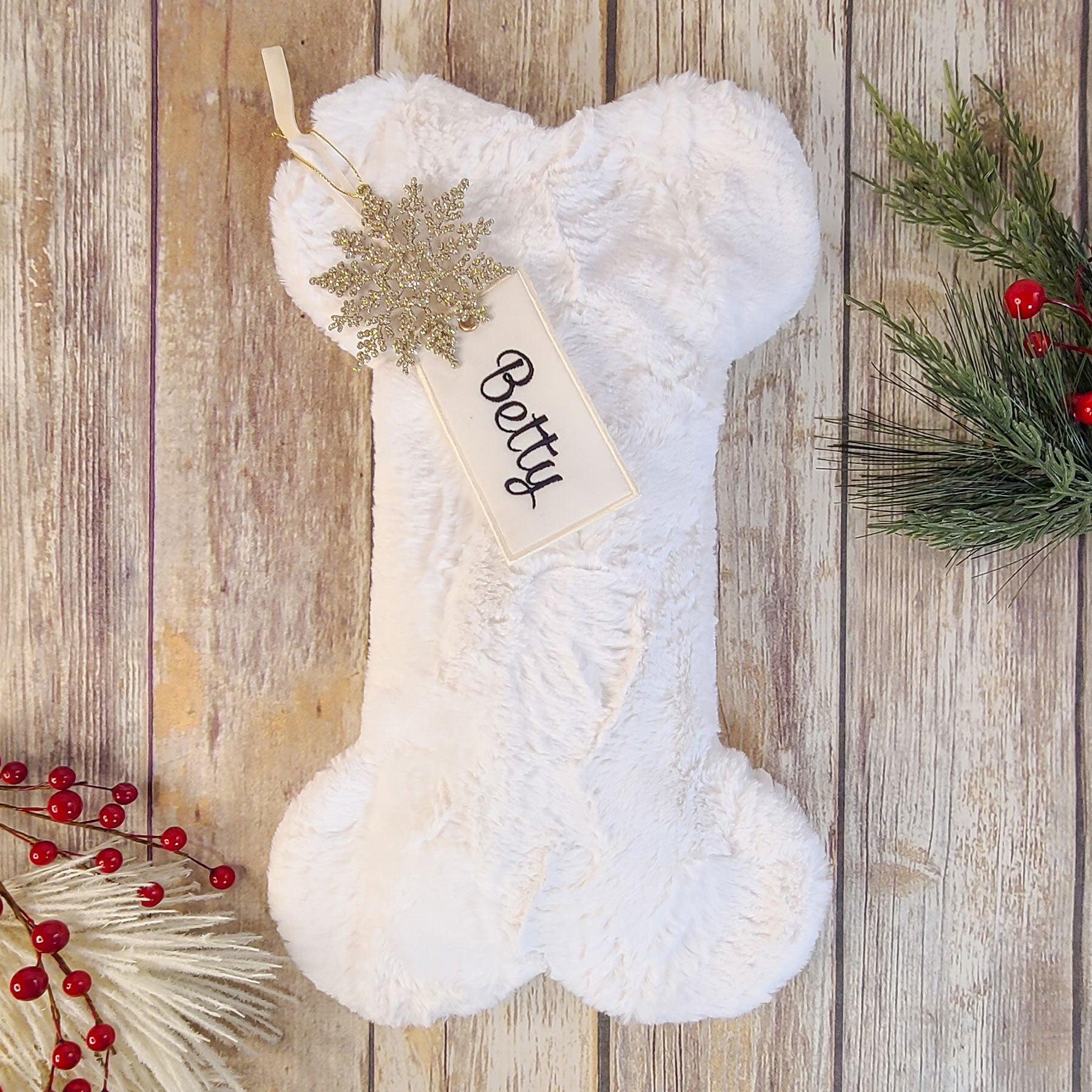 Personalized Ivory Fur Dog Christmas Stocking