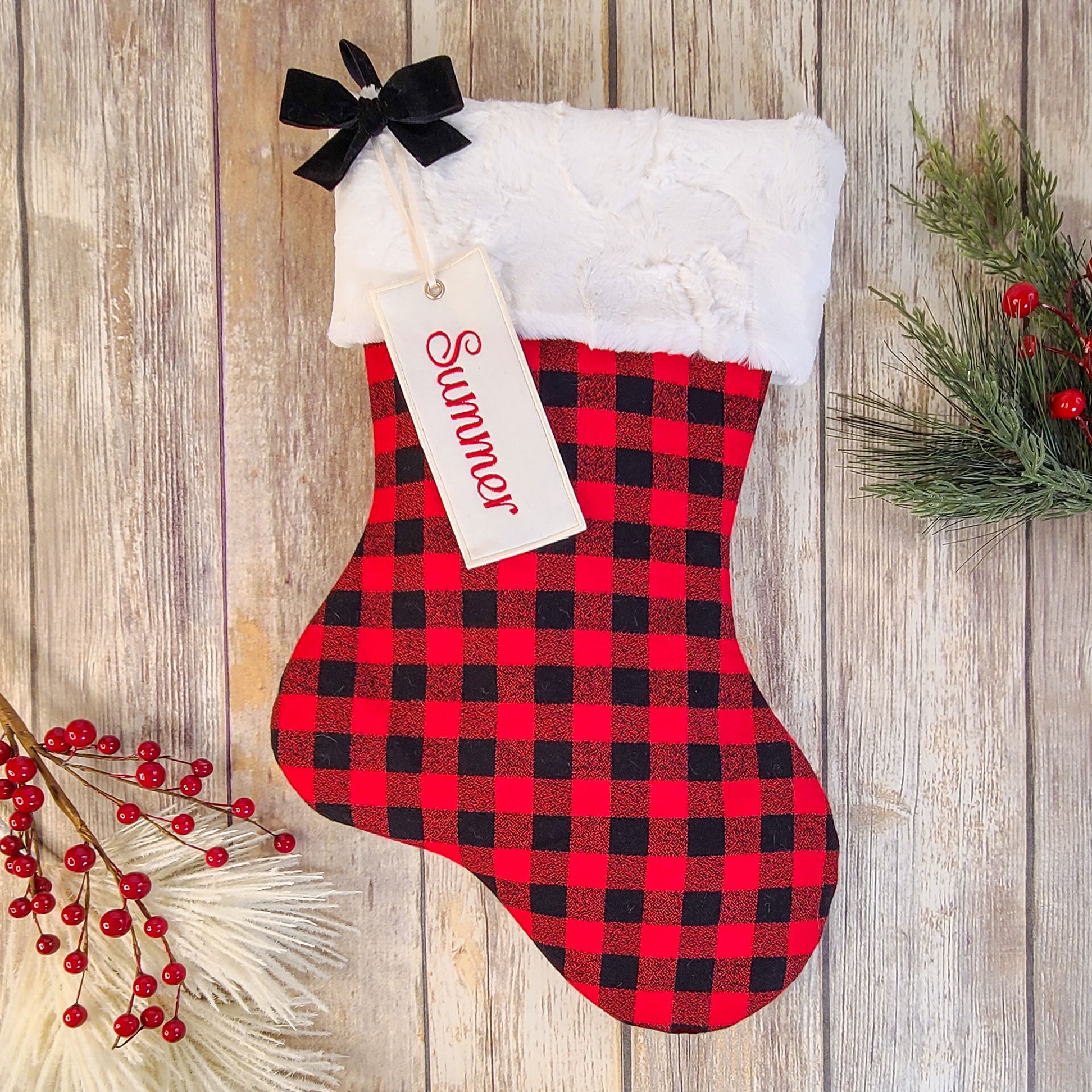 Personalized Buffalo Plaid Red and Black Plaid Christmas Stocking with Fur Cuff