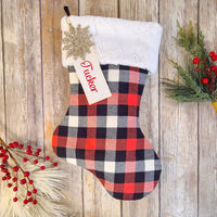 Personalized Red, Black, and Ivory Plaid Christmas Stocking with Fur Cuff