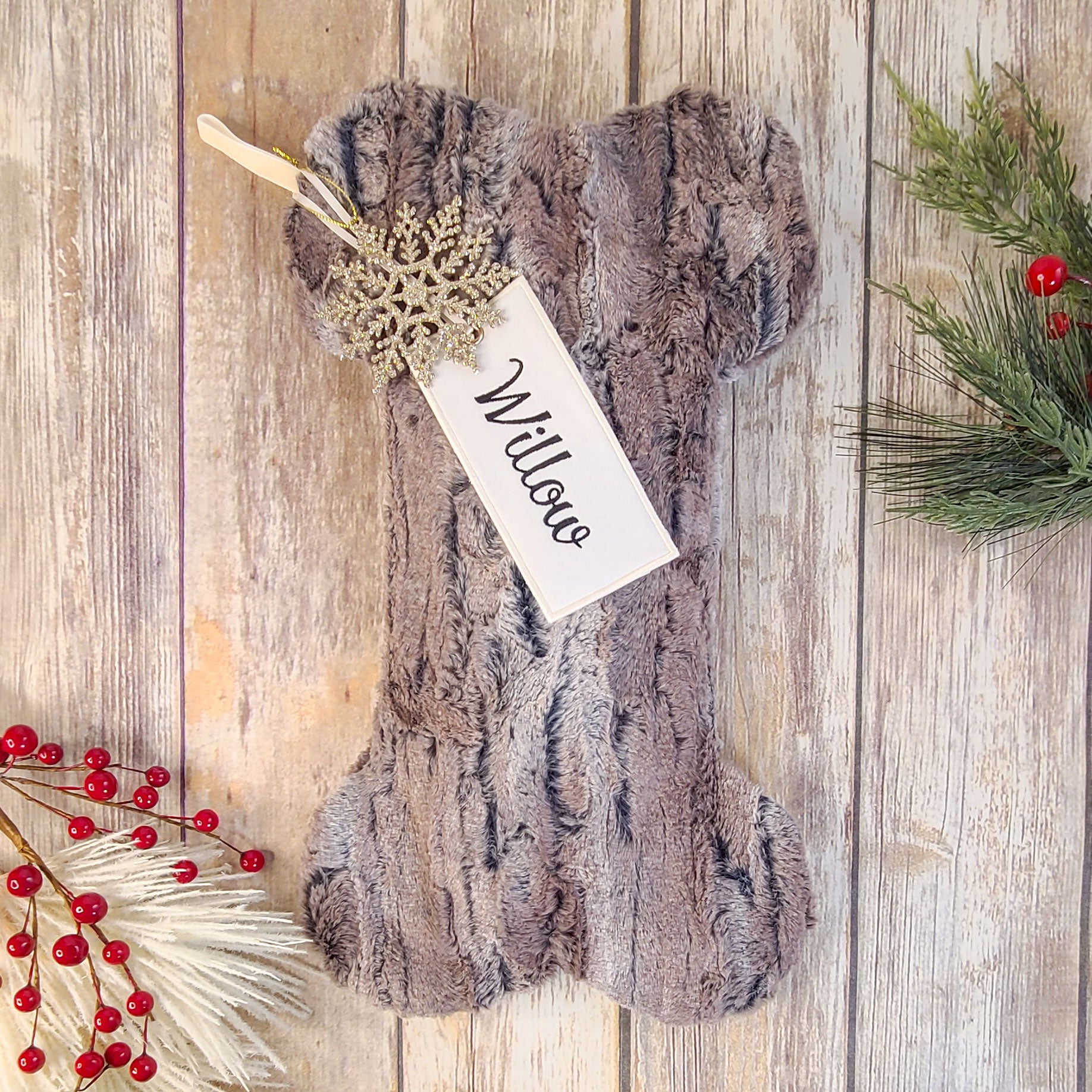 Personalized Taupe Fur Dog Christmas Stocking