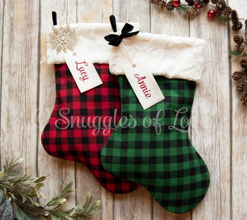 Personalized Buffalo Plaid Green and Black Plaid Christmas Stocking with Fur Cuff