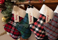Personalized Blue and Green Plaid Christmas Stocking with Fur Cuff