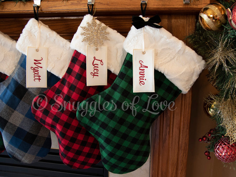 Personalized Buffalo Plaid Green and Black Plaid Christmas Stocking with Fur Cuff