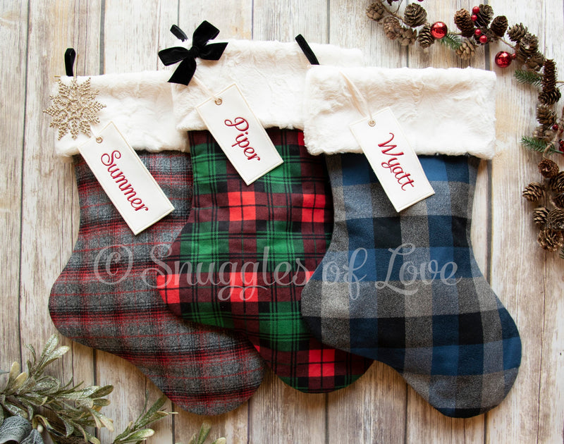 Personalized Blue and Grey Plaid Christmas Stocking with Fur Cuff