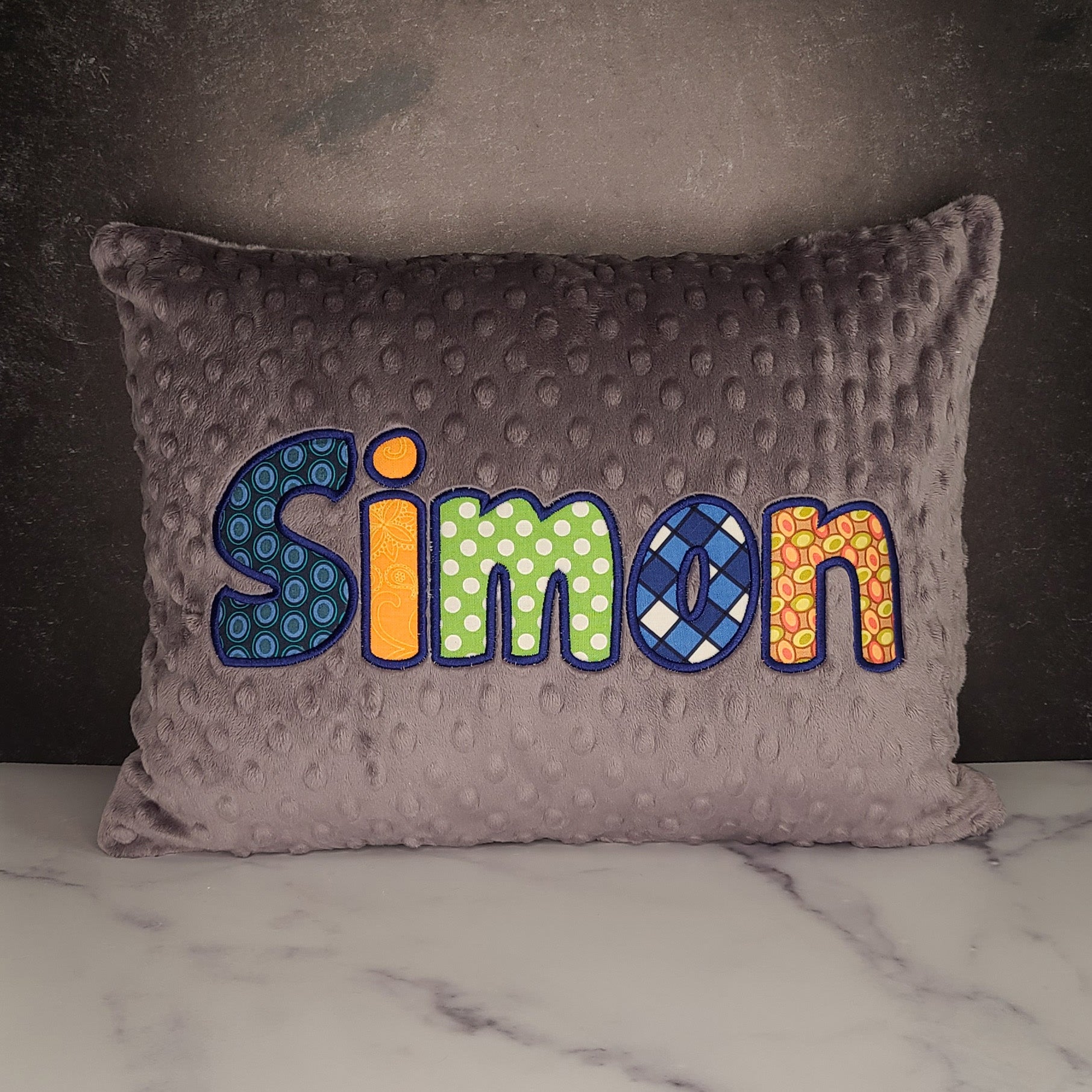 Personalized Navy, Orange, Green, and Grey Name Pillow