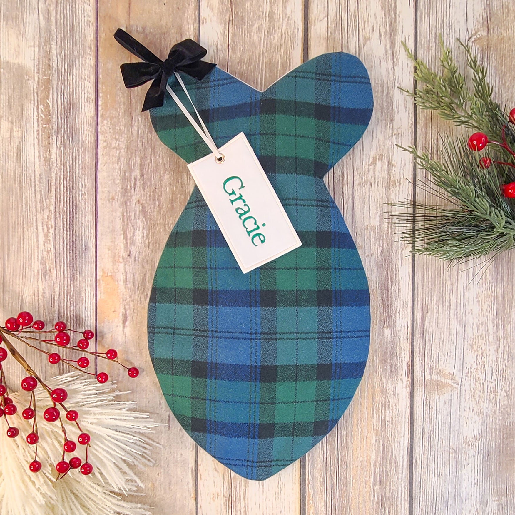 Personalized Blue and Green Plaid Cat Stocking