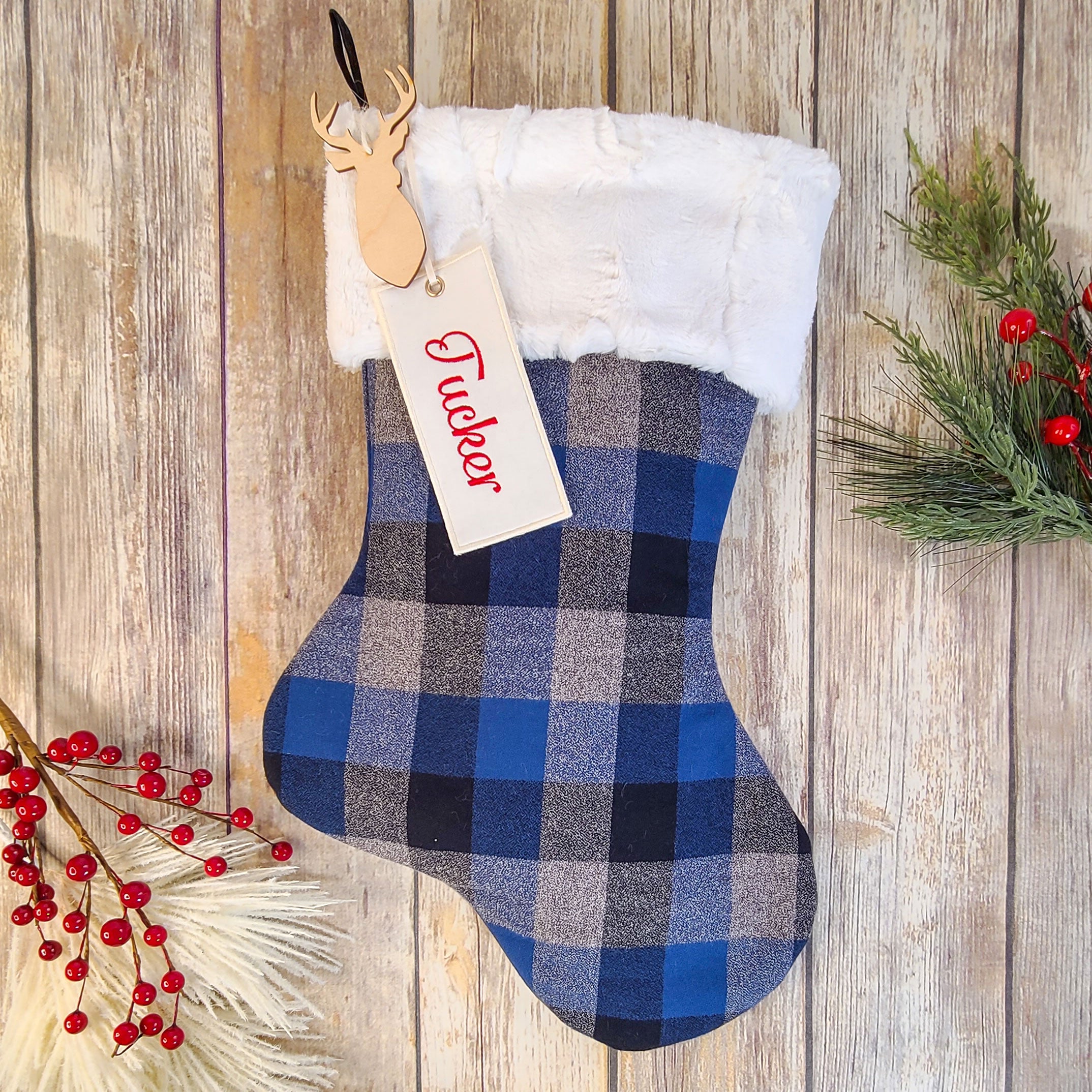 Personalized Blue and Grey Plaid Christmas Stocking with Fur Cuff