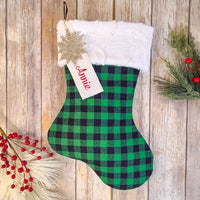 Personalized Buffalo Plaid Green and Black Plaid Christmas Stocking with Fur Cuff