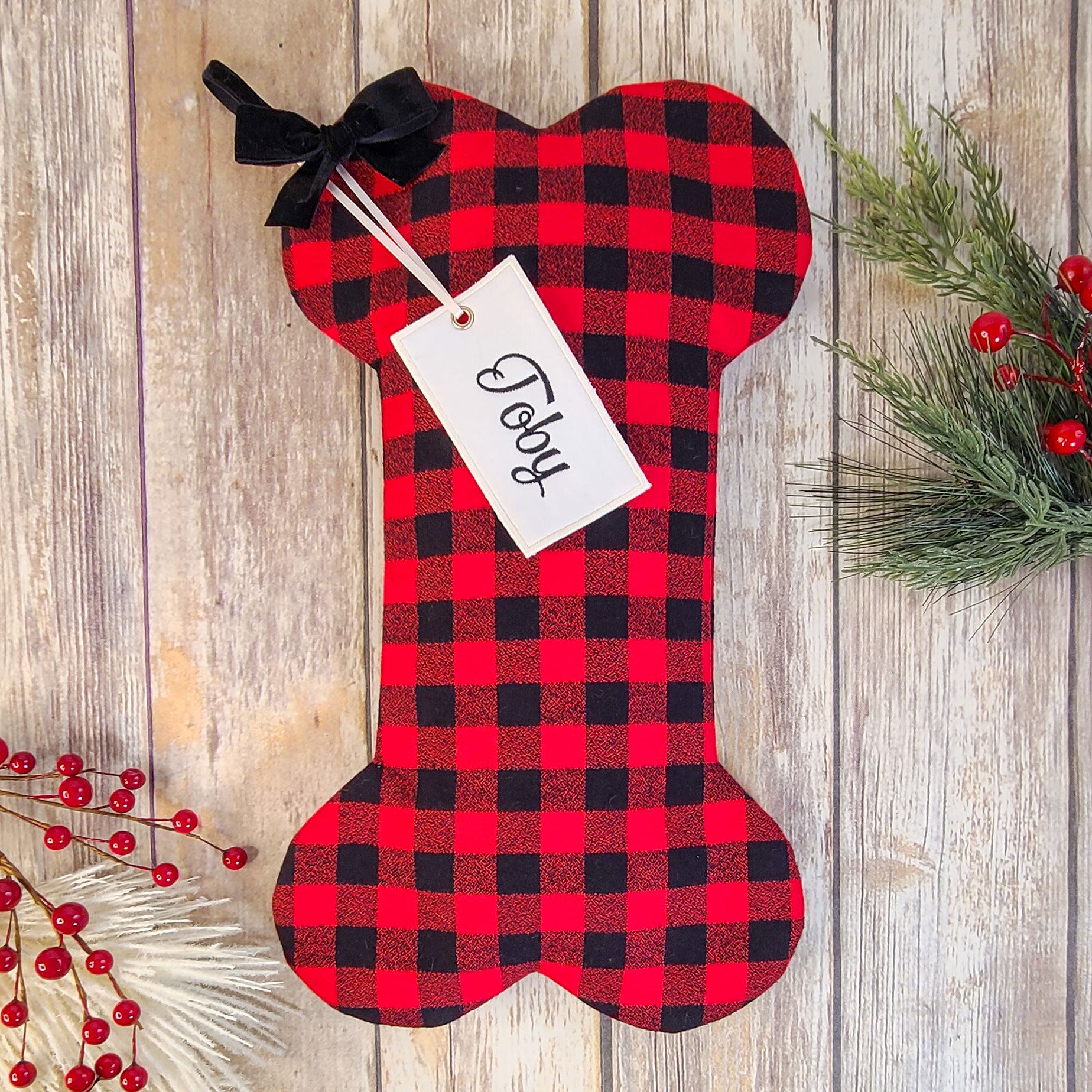 Personalized Buffalo Plaid Red and Black Plaid Christmas Dog Christmas Stocking