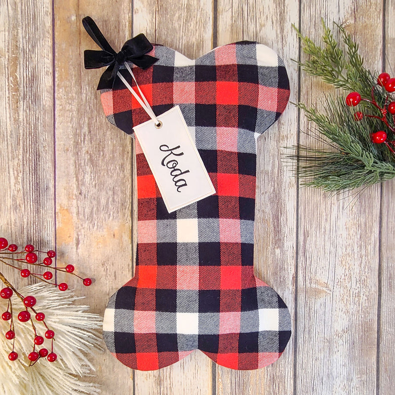 Personalized Red, Black, and Ivory Plaid Dog Christmas Stocking