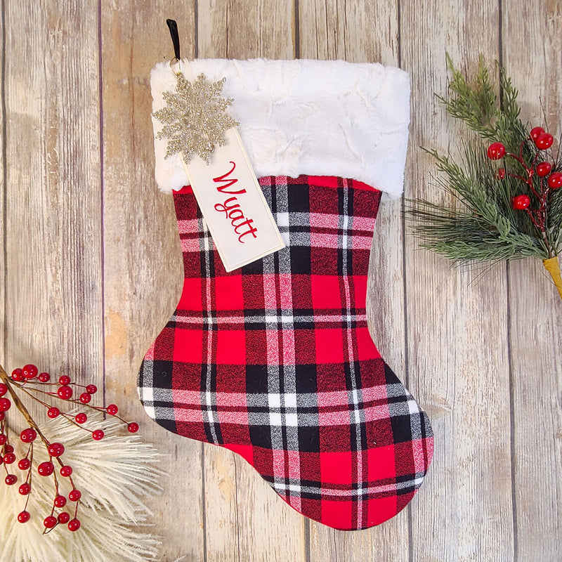 Personalized Red and Black Plaid Christmas Stocking with Fur Cuff