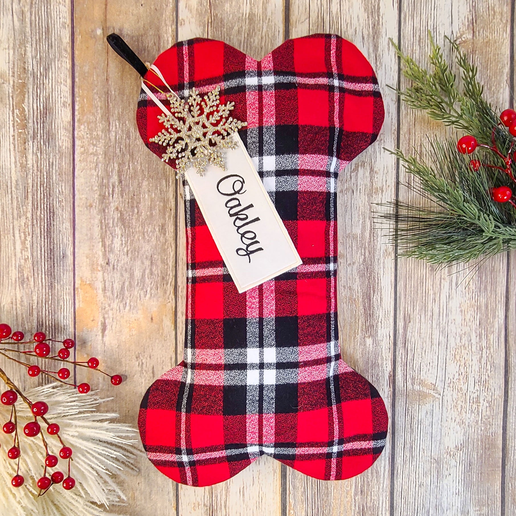 Personalized Red and Black Plaid Dog Christmas Stocking