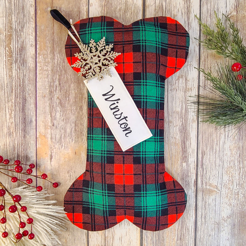 Personalized Red and Green Plaid Dog Christmas Stocking