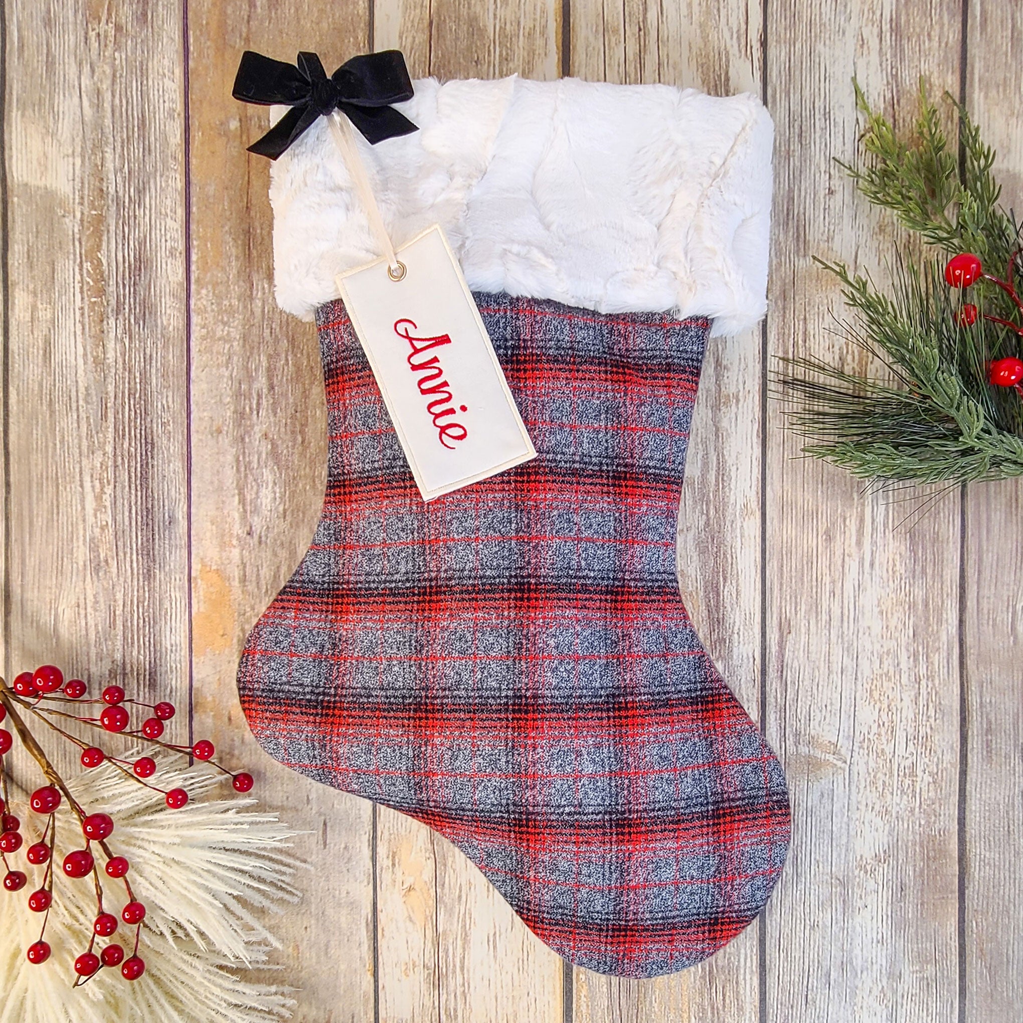 Personalized Red and Grey Plaid Christmas Stocking with Fur Cuff