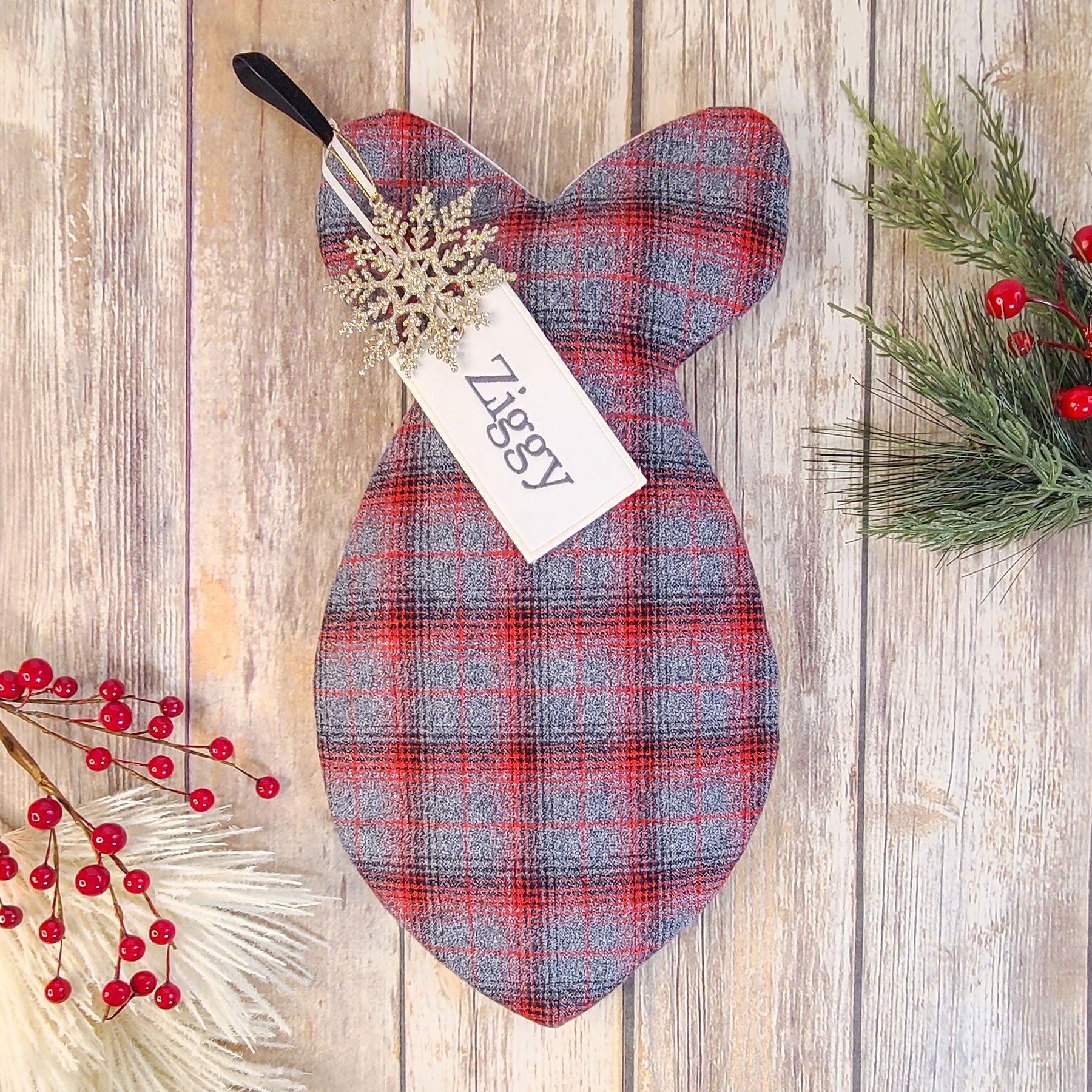 Personalized Red and Grey Plaid Cat Stocking
