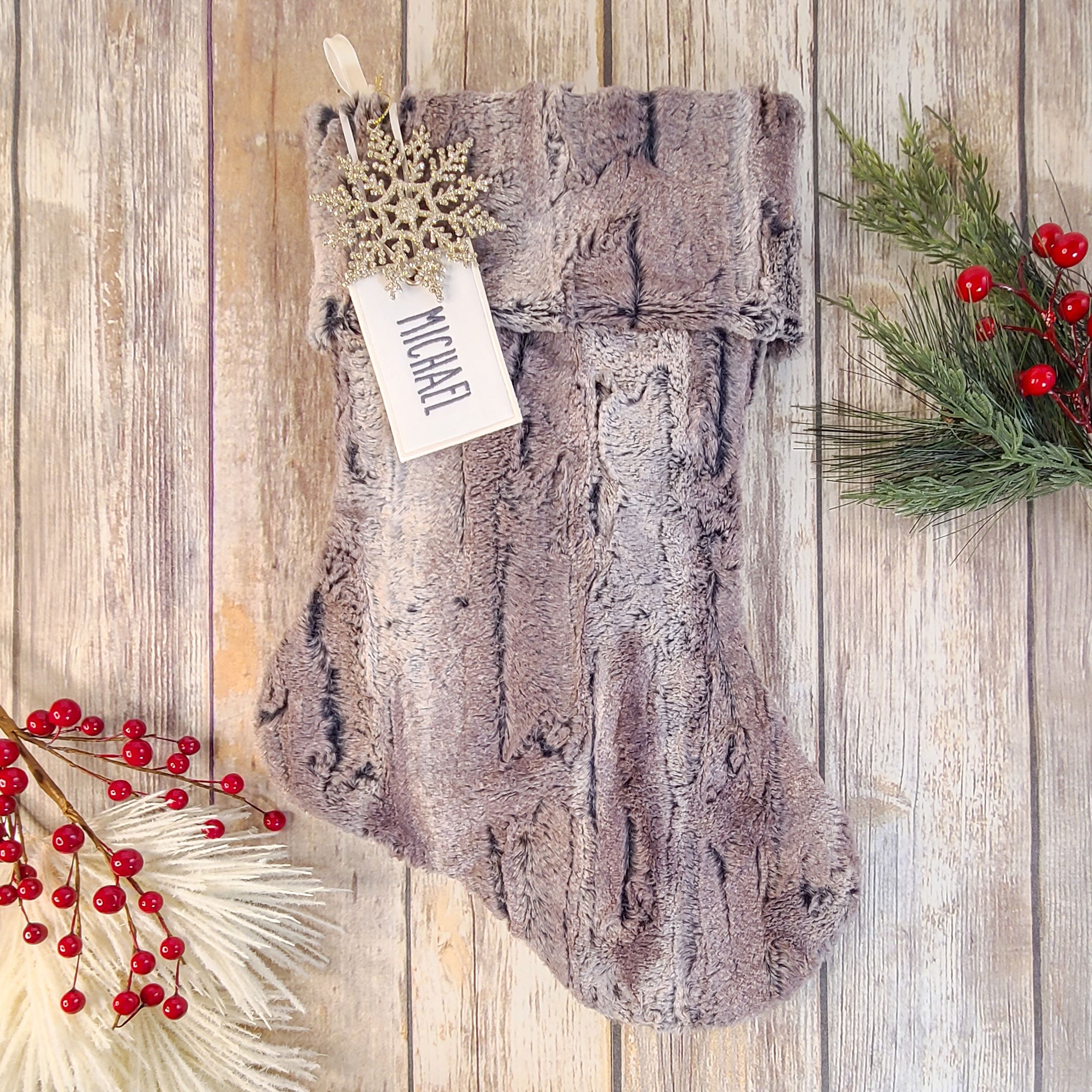 Personalized Taupe Fur Christmas Stocking