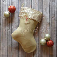 Personalized burlap Christmas stockings with champagne sequin cuff