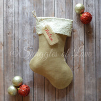 Personalized burlap and cream sequin Christmas stocking with name tag