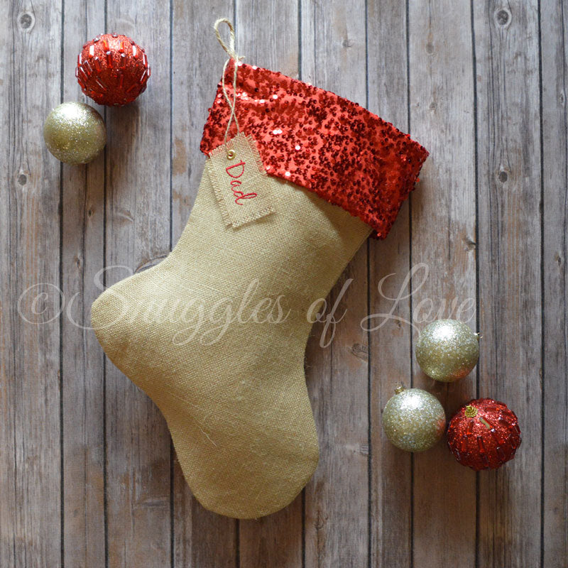 Burlap Christmas stocking with red sequins and embroidered name tag