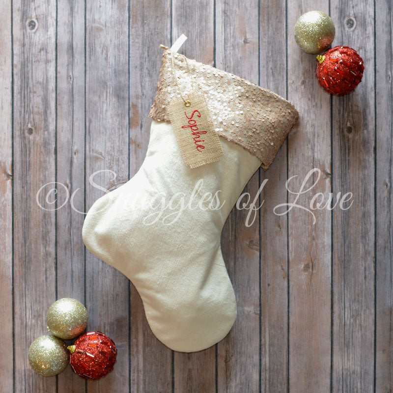Cream velvet sequin stocking with champagne sequins and monogrammed name tag