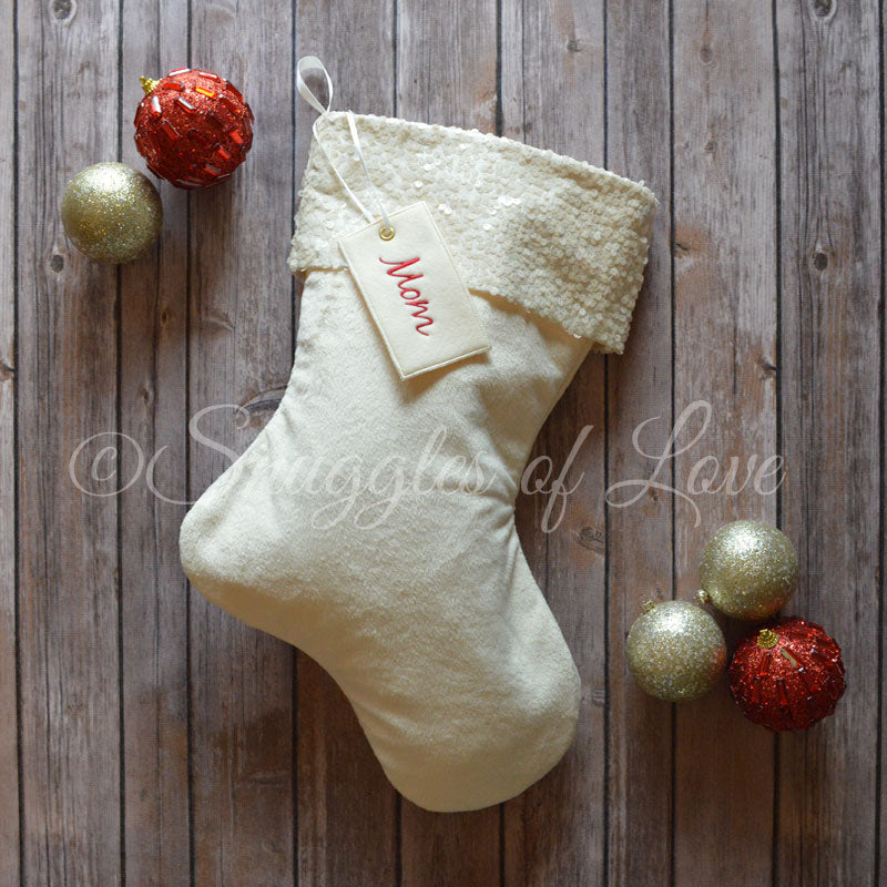 Cream velvet sequin Christmas stocking with name tag and sequin cuff