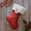 Red burlap Christmas stocking with ivory minky fur cuff and name tag