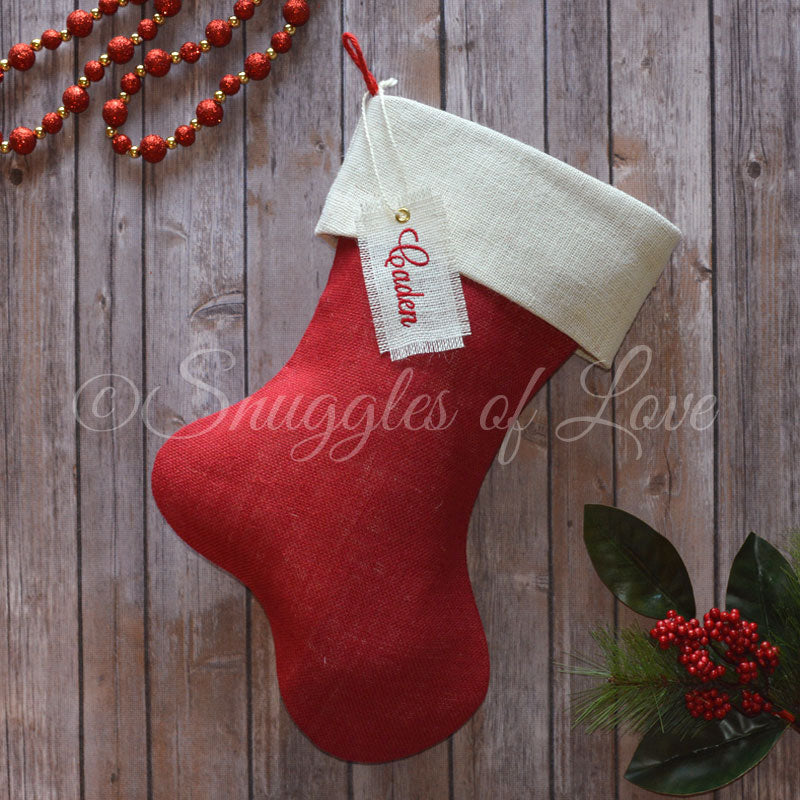 Personalized red and ivory burlap Christmas stocking with hanging tag