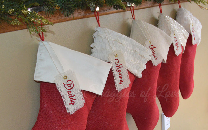 Monogrammed red burlap Christmas stockings with cream ivory cuffs