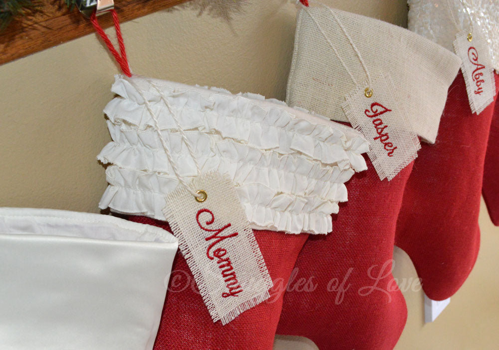 Red and ivory personalized Christmas stockings