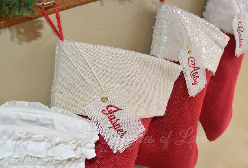 Red and ivory personalized Christmas stockings