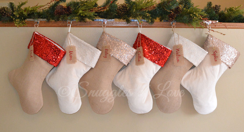 Personalized sequin Christmas Stockings, burlap and velvet with sequin cuffs