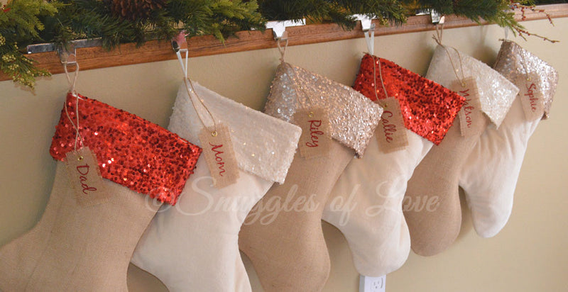 Burlap and velvet sequin Christmas stockings with name tags