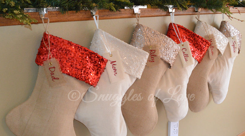 Personalized sequin Christmas stocking set with name tags