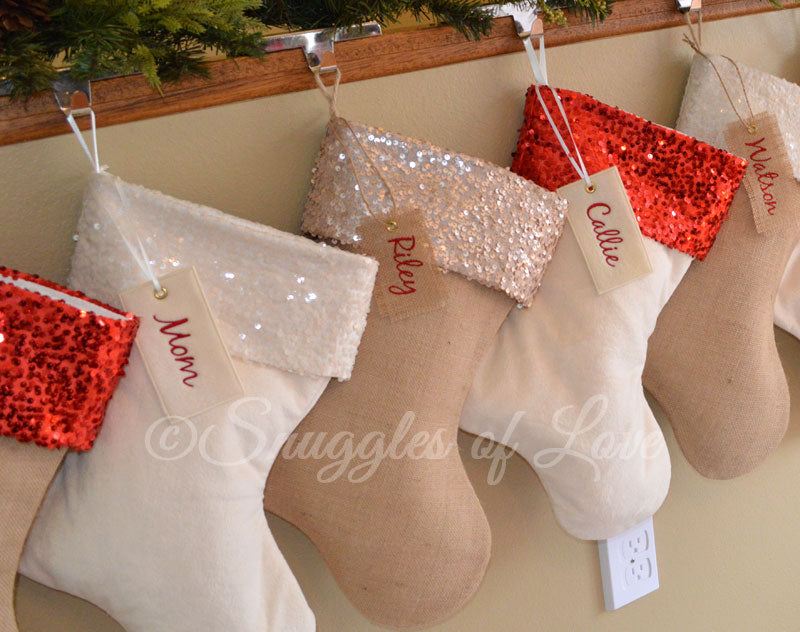 Personalized velvet and burlap sequin Christmas stockings