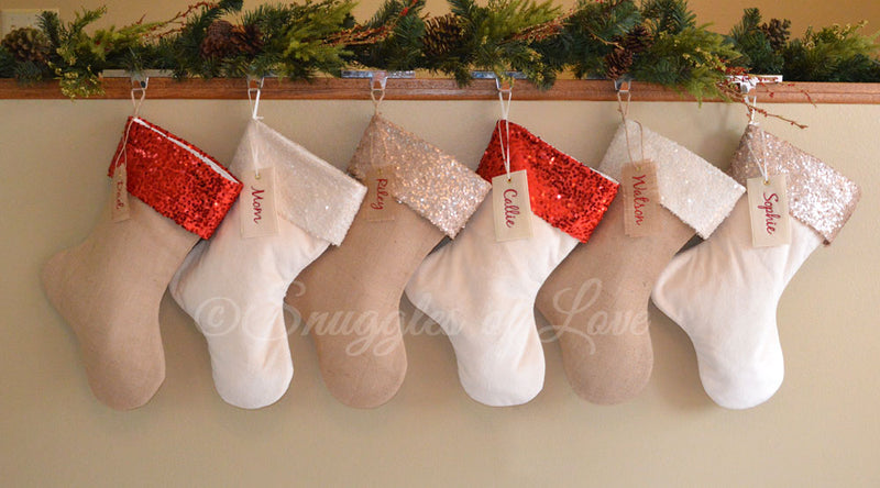 Cream velvet and tan burlap sequin Christmas stocking with red, cream and champagne sequins